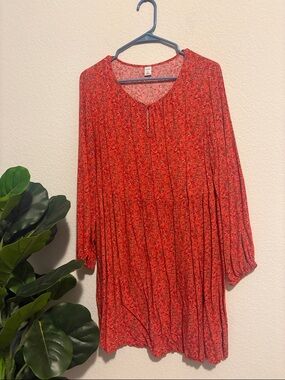 Old Navy Coral-Red Floral Print long sleeve dress